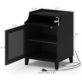 WiberWi Night Stand Black Nightstand with Charging Station Farmhouse Bedside Table with Black Rattan Door&Adjustable Storage Shelf Rustic Wood Couch Side Table End Table for Bedroom