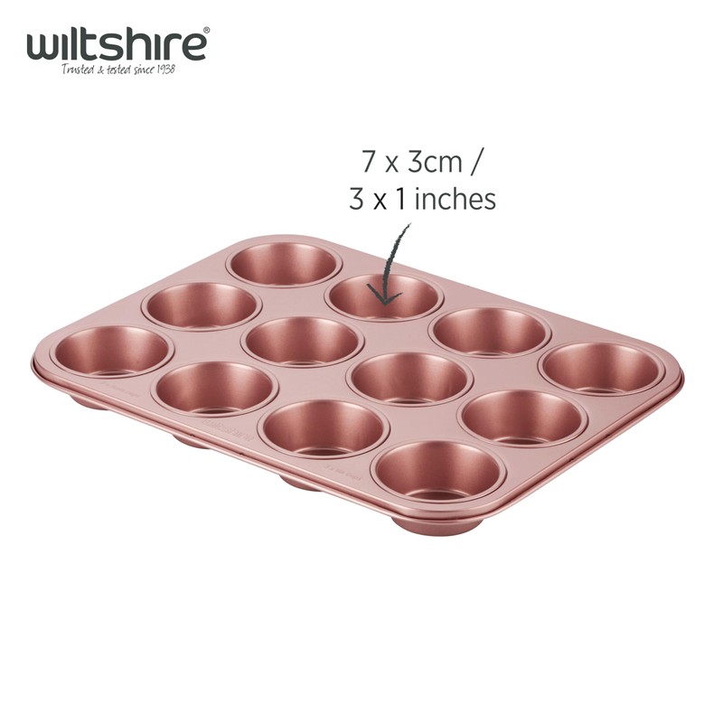 Wiltshire Rose Gold 12 Cup Muffin Tray, PFOA PTFE Free,