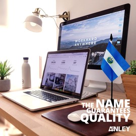 Anley El Salvador Deluxe Desk Flag Set - 6 x 4 Inch Miniature Salvadoran SV Desktop Flag with 12" Solid Pole - Vivid Color and Fade Resistant - Black Base and Spear Top