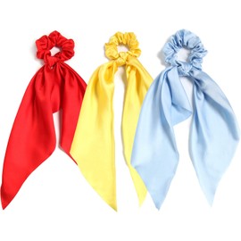 3 cintas elásticas para el pelo para mujer, lazo anudado, cinta de satén para el pelo, cinta para el pelo coletero rojo para mujeres y niñas (rojo, amarillo y azul)