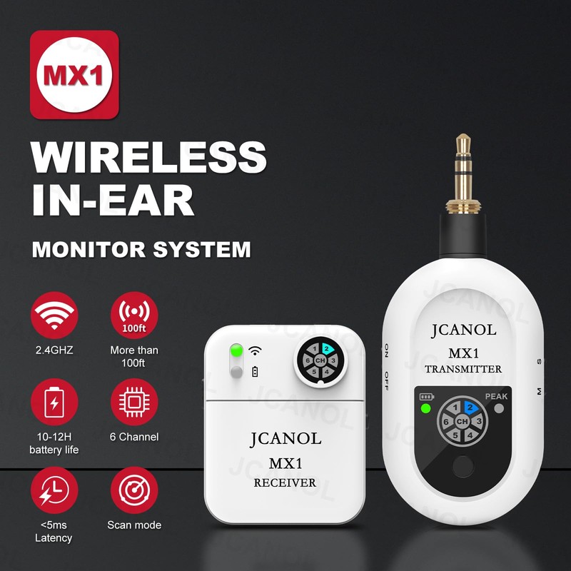 JCANOL Wireless in Ear Monitor System, 2.4G Stereo Wireless IEM