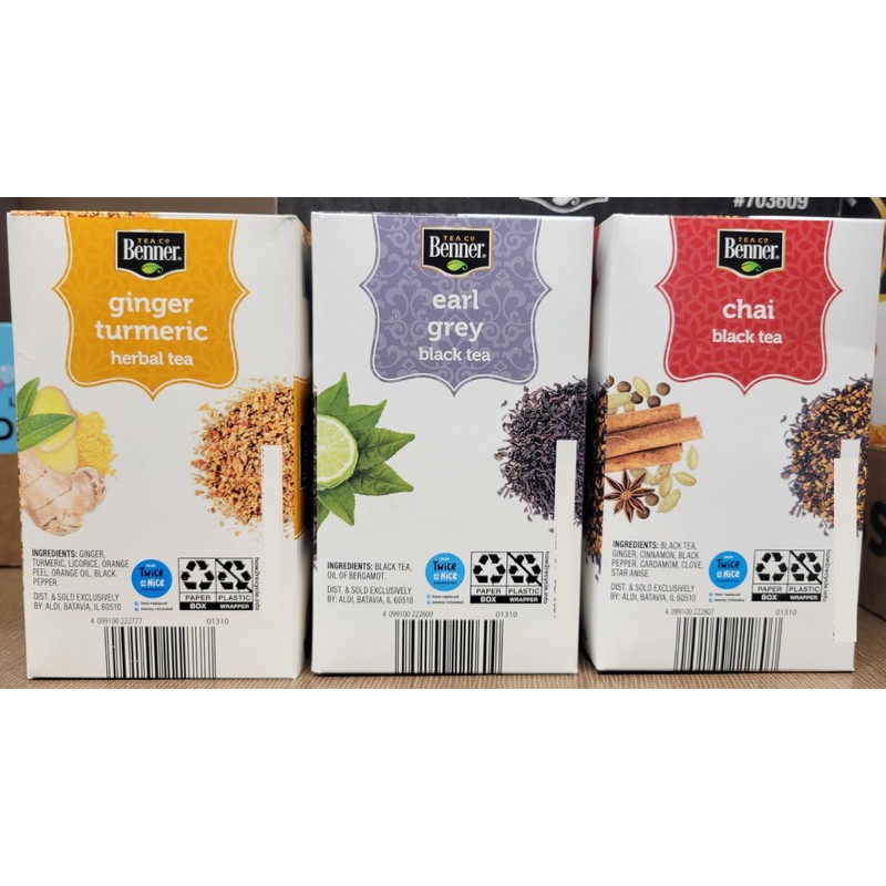 Benner Tea Co Assorted Tea Bags Ginger Turmeric, Earl Grey,