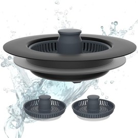 Hibbent Kitchen Sink Plug, Kitchen Sink Strainer and Stopper Combo, with 3 ABS Strainers, Anti-Clogging, Kitchen Sink Strainer Plug, and Prevent Odours Rinse Depth > 22 mm, Black