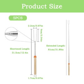 5 Pack Marshmallow Toasting Forks, Stainless Steel Telescoping BBQ Forks with Wooden Handle for Bonfire and Camping