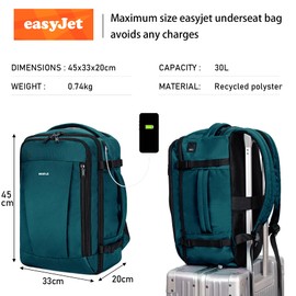 ECOHUB Easyjet Cabin Bag 45x36x20 Underseat Bag Travel Backpack 13 Pocket Hand Luggage Bag Waterproof Recycled PET Eco Friendly Carry On Bag for Women & Men 30L Cabin Rucksack BlueGreen