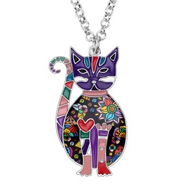 NEWEI Enamel Sitting Kitten Cat Necklace Pendant Floral Cat Jewelry Gifts for Women Girls (Purple)