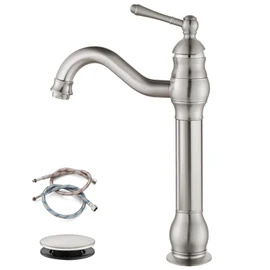 gotonovo Single Handle Vessel Sink Faucet 360° Swivel Bathroom Faucet One Hole Farmhouse Lavatory Vanity Faucet Bowl Sink Mixer Tap with Pop Up Drain, Brushed Nickel