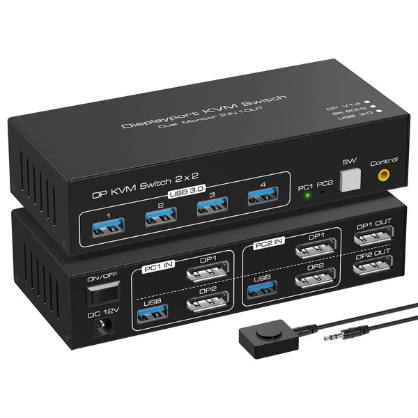 VPFET 8K60Hz DisplayPort KVM Switch 2 PC 2 Monitors 4K120Hz Dual Monitor DP 1.4 Switches for 2 Computers Share 4 USB 3.0 Devices with 2 USB 3.0 Cable and Desktop Controller