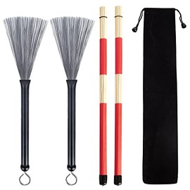 Meideal 1 Pair Retractable Drum Wire Brushes with Comfortable Aluminum Handles and 1 Pair Rods Drum Sricks Brush for Jazz Folk Rock Band Drummers Amateurs Beginners Students Adults (Black)