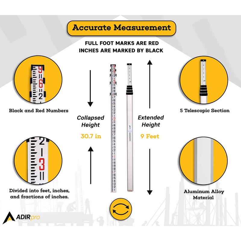 AdirPro 9 ft Aluminum Telescoping Grade Rod | Dual-Sided 5-Section