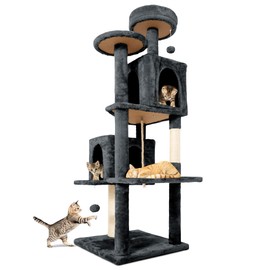TSCOMON 58.5inch Large Cat Tree Tower Condo for Indoor Cats, Soft Plush Multi-Level Climbing Tree Cat House with 1 360° Rotating Cat Cave, Scratching Post, More Entrance/Exit, Sisal Rope, Smoke Gray