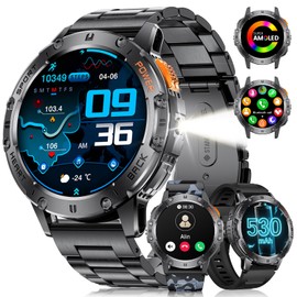 LIGE Men's Smartwatch (3 Straps) - Phone Function/Torch, 1.43 Inch AMOLED Display, IP68 Waterproof, 100+ Sports Modes, Fitness Watch, Outdoor Smartwatch for iOS Android, Black Steel/Camouflage
