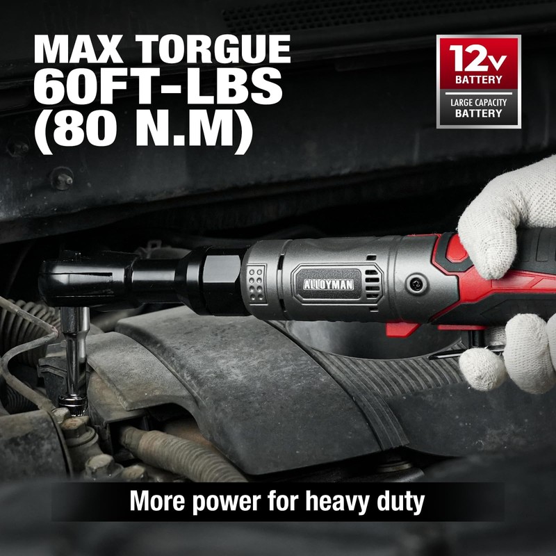 Alloyman 3/8" Cordless Ratchet Wrench Set, 60FT-LBS(80N.m) Electric Ratchet, 12V