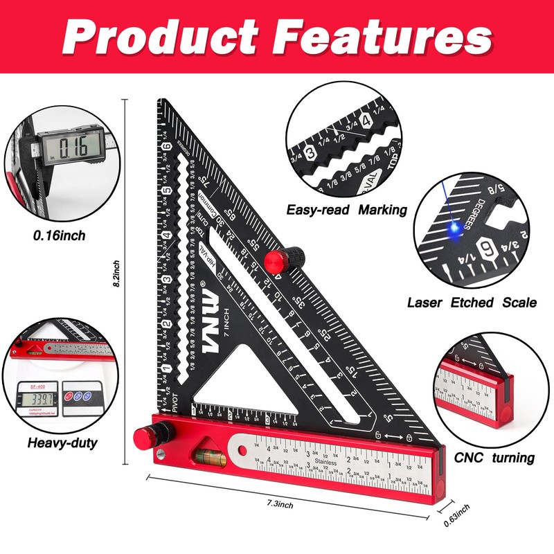 6-in-1 Carpenter Square 7 inch (1/8" Precision) Rafter Square Multi-Purpose