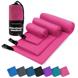ZENACROSS Microfibre Towel Set of 3 with Transport Bag - Quick-Drying and Versatile Fitness Towel - Sports Towel Sizes - XS, S, M - Bright Pink