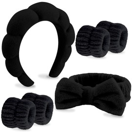 VELSCRUN 6 Pack Spa Headband, Makeup Headband, Face Wash Headband, Skincare Headbands, Black Sponge Hair Band Bow Tie Spa Headband for Washing Face Wristband Set Hair Accessories for Women Gifts