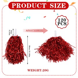 Jerify 120 Pcs Cheerleading Pom Poms Metallic Foil Cheerleader Pom Poms with Baton Handle Plastic Cheer Pompom Cheering Hand Flowers for Game Sports Squads Dance Party Football Basketball (Red)