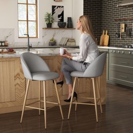 Homy Casa Set of 2 Counter Height Bar Stools, 360° Swivel, Gray Upholstered Seat with Oak Wood Print Metal Legs – Ideal for Kitchen, Dining Room, and Bar – 26” Seat Height