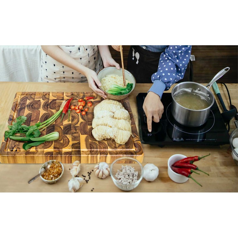 Acacia End Grain Cutting Board (17x13x1.5in), Butcher Block - Reversible