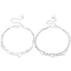 2PCS Silver Beaded Bracelet for Women,Moon and Star Design Adjustable Friendship, Double Layer Bracelet Set for Womens Girls