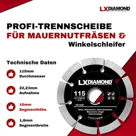 LXDIAMOND Diamond Cutting Disc 115 mm x 22.23 mm - for Angle Grinder Wall Chaser Slot Cutter - Diamond Disc for Separating Stone Concrete Brick Masonry - 115 mm Stone Disc in Professional Quality