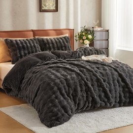 JELLYMONI Plush Duvet Cover Set - King Size Dark Gray Faux Fur Comforter Cover 3pcs Bedding Set Luxury Ultra Soft Striped Fluffy Duvet Cover with Zipper and 2 Pillowcases (NO Comforter)