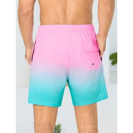 SILKWORLD Mens Swimming Trunks with Compression Liner Quick Dry Swim Shorts with Pockets, Pink Blue Gradient, Large