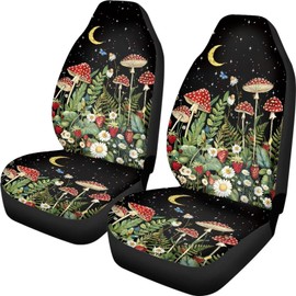 Drydeepin Mushroom Daisy Starry Night Auto Seat Cover Set of 2, Car Front Seat Cushion Elastic Breathable Seats Pad for Women Universal Fit Most Vehicles Car Interior Decoration