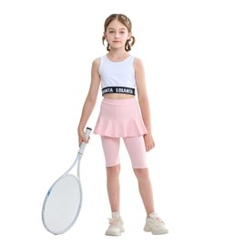 LOLANTA 2 Pack Girls Leggings Skirt Shorts, Kids Summer Athletic Capri Skorts, Knee-Length School Uniform Cotton Shorts, Black&Pink, 8-9 Years, 140