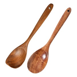 2Pcs Wooden Spoons for Cooking, Natural Teak Wood Corner Spoon and Round Spoon, Nonstick Smooth Wooden Cooking Spoon Set, Heat Resistant Wooden Utensils, for Cookie Non Stick Kitchen Utensil
