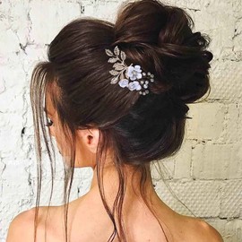 Erimberate Bohemian Crystal Flower Hair Comb Pearl Flower Hair Barrette Gold Leaf Headpiece Vintage Pearl Headwear Hairpiece Decorative Wedding Comb Hair Accessories Jewelry for Women and Girls Gifts (White Flower)