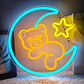Jeanchrl Moon Bear Neon Sign Teddy Neon Light for Room USB Powered Gummy Bear Led Sign for Kids Bedroom Living Room Good Night Neon Light Sign Wall Decoration for Girls Room Birthday Gifts