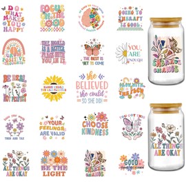 INCOK Rub on Transfers for Crafts - 20 Sheets Boho Mental Health UV DTF Stickers for 16 oz Water Goblet Motivational Sayings Glass Wrap, Bright Heartwarming Decals for Therapist Gifts
