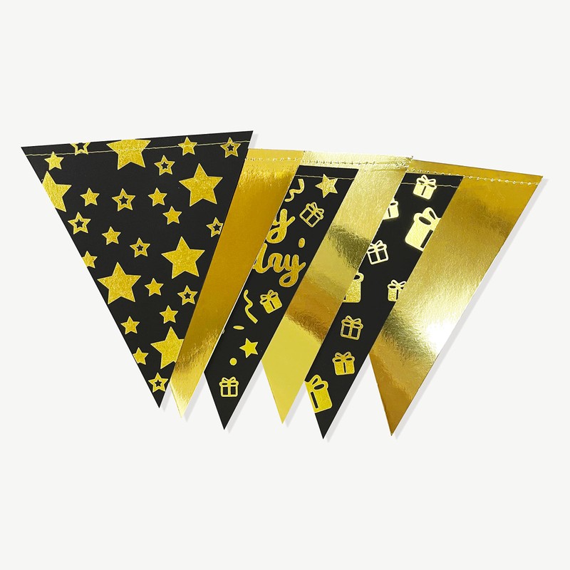 40 ft Black Gold Happy Birthday Decorations Banner Triangle Flag