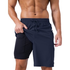 TACVASEN Mens Swimming Trunks with Multiple Zipper Pockets Men's 2 in 1 Surfing Trunks with Compression Liner Bathing Shorts Diving Shorts Navy 32