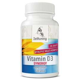Zelltuning Vitamin D3 vital mushroom multi-complex, vitamin D 20,000 IU per depot capsule, vitamin D3 in a multi vital mushroom matrix. 120 vitamin D capsules.