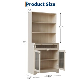 Kitchen Pantry Cabinet, 62 Inch Freestanding Hutch Cupboard with Large Countertop, Glass Doors, Drawer and Adjustable Shelves, Microwave Cabinet Storage for Dining Room Living Room Small Space, Wood