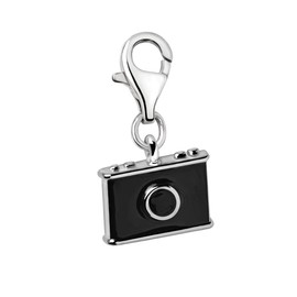 Quiges Black Enamel 3D Photo Camera Clip On Charm Pendant Silver Plated Women's Jewellery