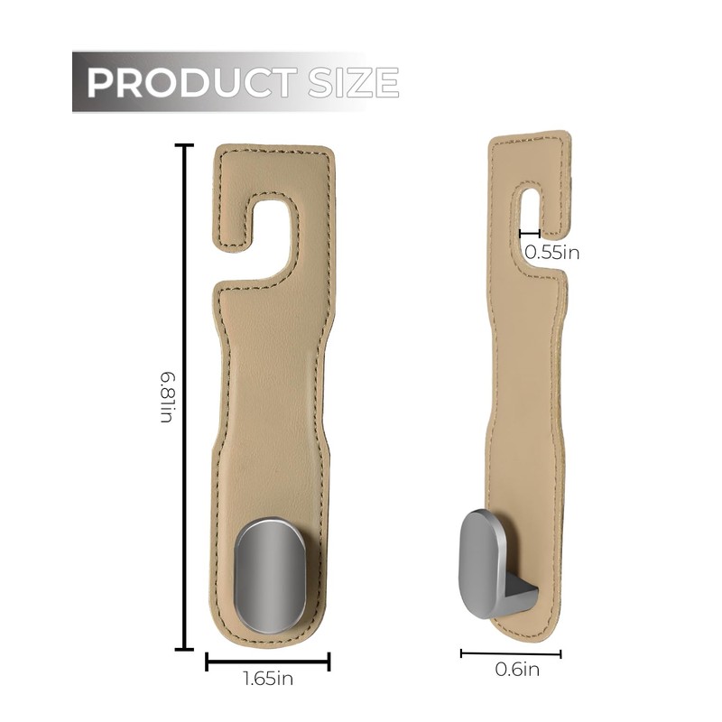 4 Pcs Car Headrest Hooks, Heavy-Duty PU Leather & Stainless