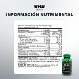 5H8 Nutrition Vitamina D3+K2 Con Aceite De Coco 180 Capsulas Softgel