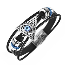 ROJEMXVE Retro Angel Evil Eye Leather Bracelets for Men Women Multi-Layer Cords Wrap Ethnic Tribal Bead Bracelet Zinc Alloy Punk Jewelry Gifts Rock Cuff Wristbands