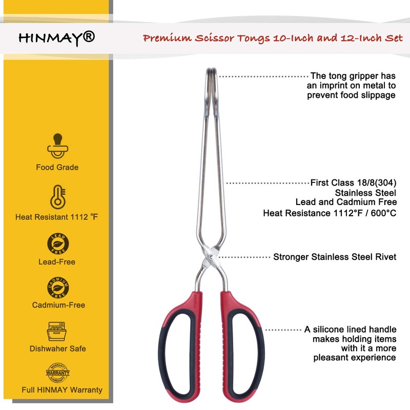 HINMAY Stainless Steel Scissor Tongs 10-Inch and 12-Inch Set, Set