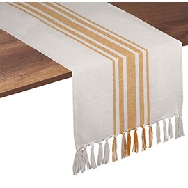 Camino de mesa de algodón puro Native Fab de 250 cm de largo – Camino de mesa de boda con flecos, fiestas, decoración rústica de despedida de soltera, para decoración de despedida de soltera, camino de mesa de comedor, 14 x 108 cm, color amarillo y blanco