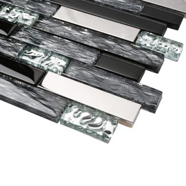 Blujellyfish Glass Metal Tiles Art Mosaic Silk Black Crystal Glass Chrome Silver Steel Accent Wall Border Kitchen Bath Backsplash Tile TSTNB12 (5 Square Feet)