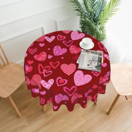 Sweetshow Valentines Day Round Tablecloth 60 Inch Rustic Romantic Pink Red Love Heart Print Decorative Table Cloth with Dust-Proof Wrinkle Resistant Decor for Home Kitchen Dining Room Holiday Party