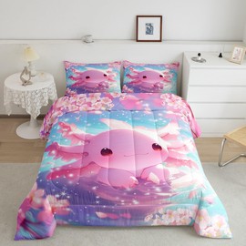 Feelyou Cartoon Axolotl Kids Comforter Set Twin Size,Cute Pink Salamander Bedding Set,Girls Boys Women Room Decor,Ocean Animals Down Comforter,Pink Cherry Blossom Duvet Insert,1 Pillow