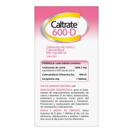 Suplemento Alimenticio Caltrate 600D, Calcio y Vitamina D, 30 Tabletas