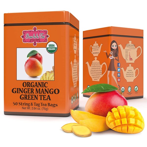 Brew La La Organic Green Tea - Ginger Mango Flavor - 50 Tea Bag Tin - Low Caffeine Tea - USDA Certified Organic