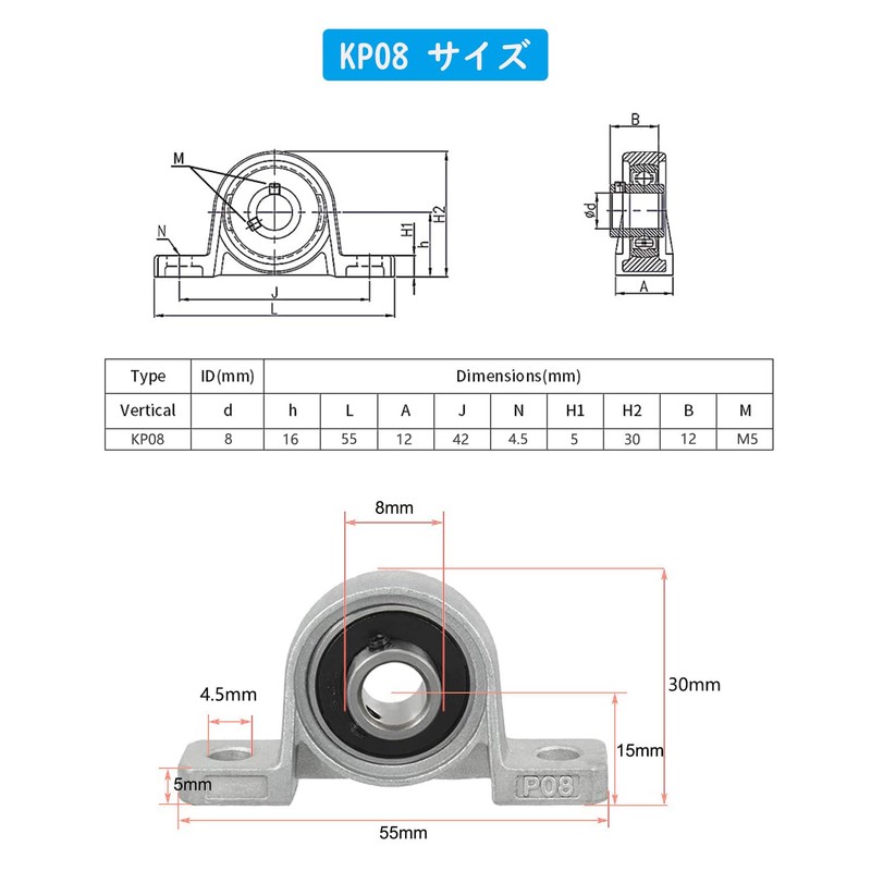 Rhea 4pcs KP08 8mm Inner Diameter Bore Bracket Pillow Block