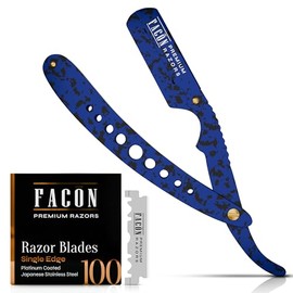 FACON Navajas de afeitar Facón para hombre - Kit profesional de navaja de afeitar de borde recto con 100 hojas, afeitadora clásica de acero inoxidable para un afeitado suave y preciso, navaja de afeit